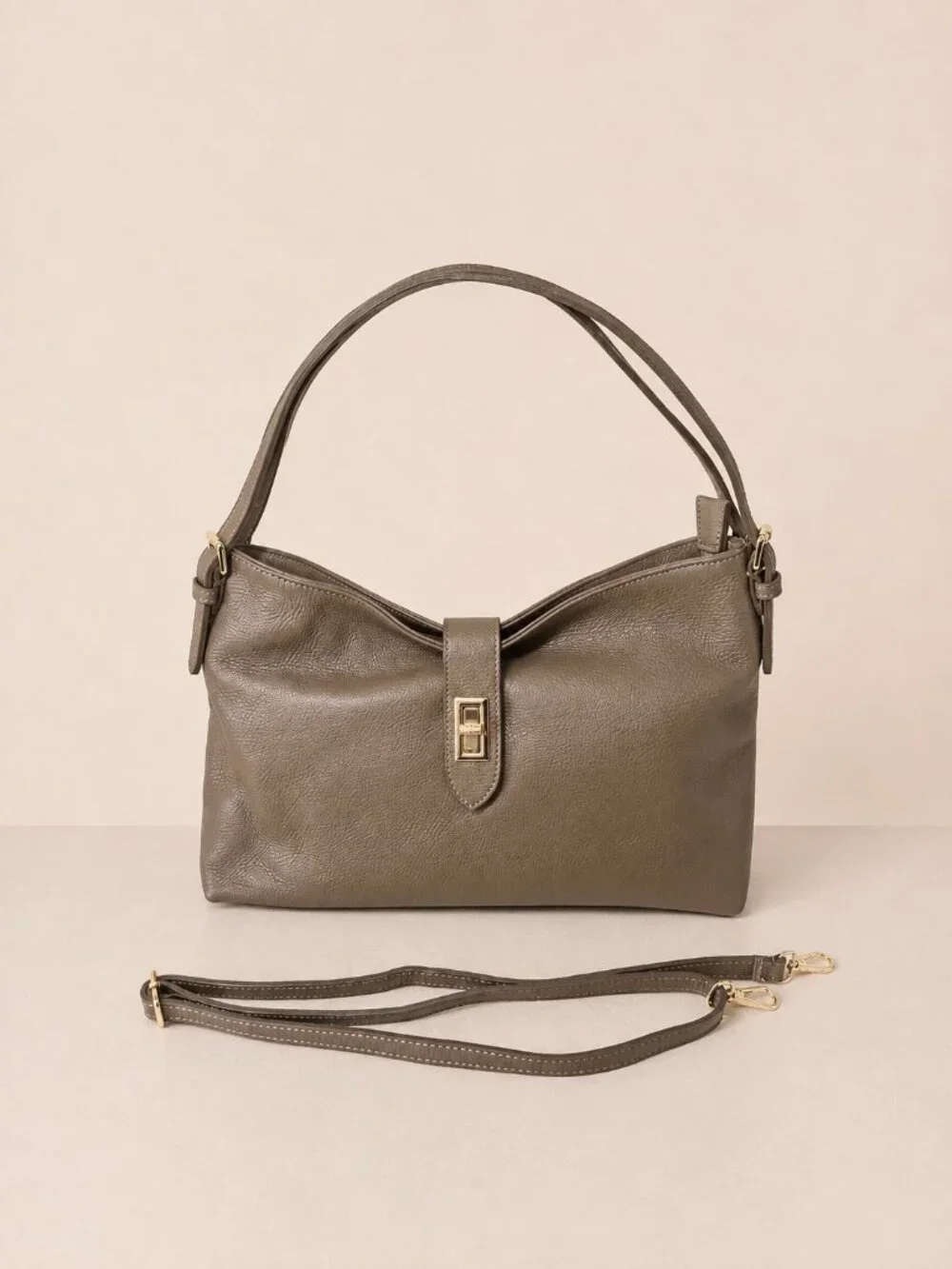 Taupe Genuine Leather Shoulder Bag, Italian Leather Handbag, Medium Hobo Bag